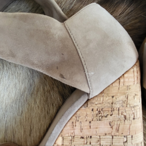 Alex+Alex Taupe Grey Suede Cork Wedge Sandals with Ankle Wrap Tie size 9 - Picture 12 of 16